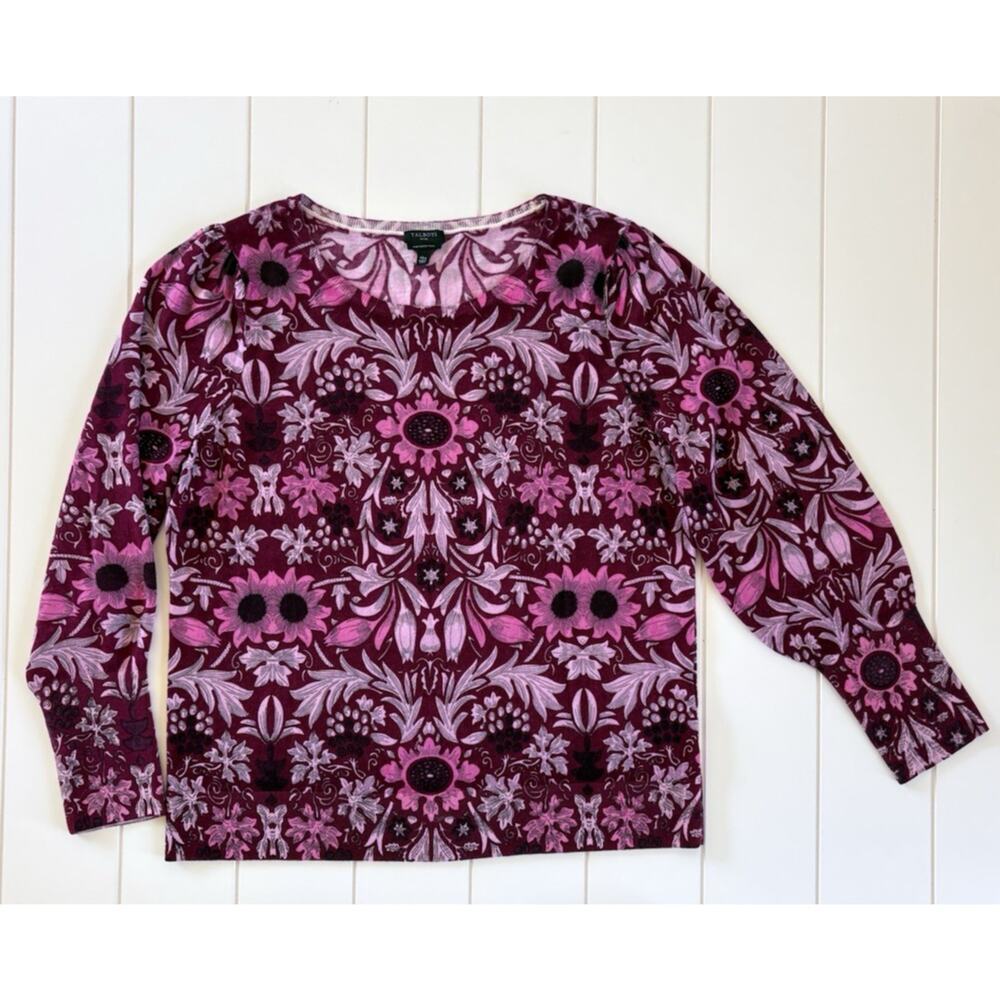 Talbots Womens XL Petite Lightweight Merino Wool Floral Sweater Pink Burgundy - Picture 8 of 11